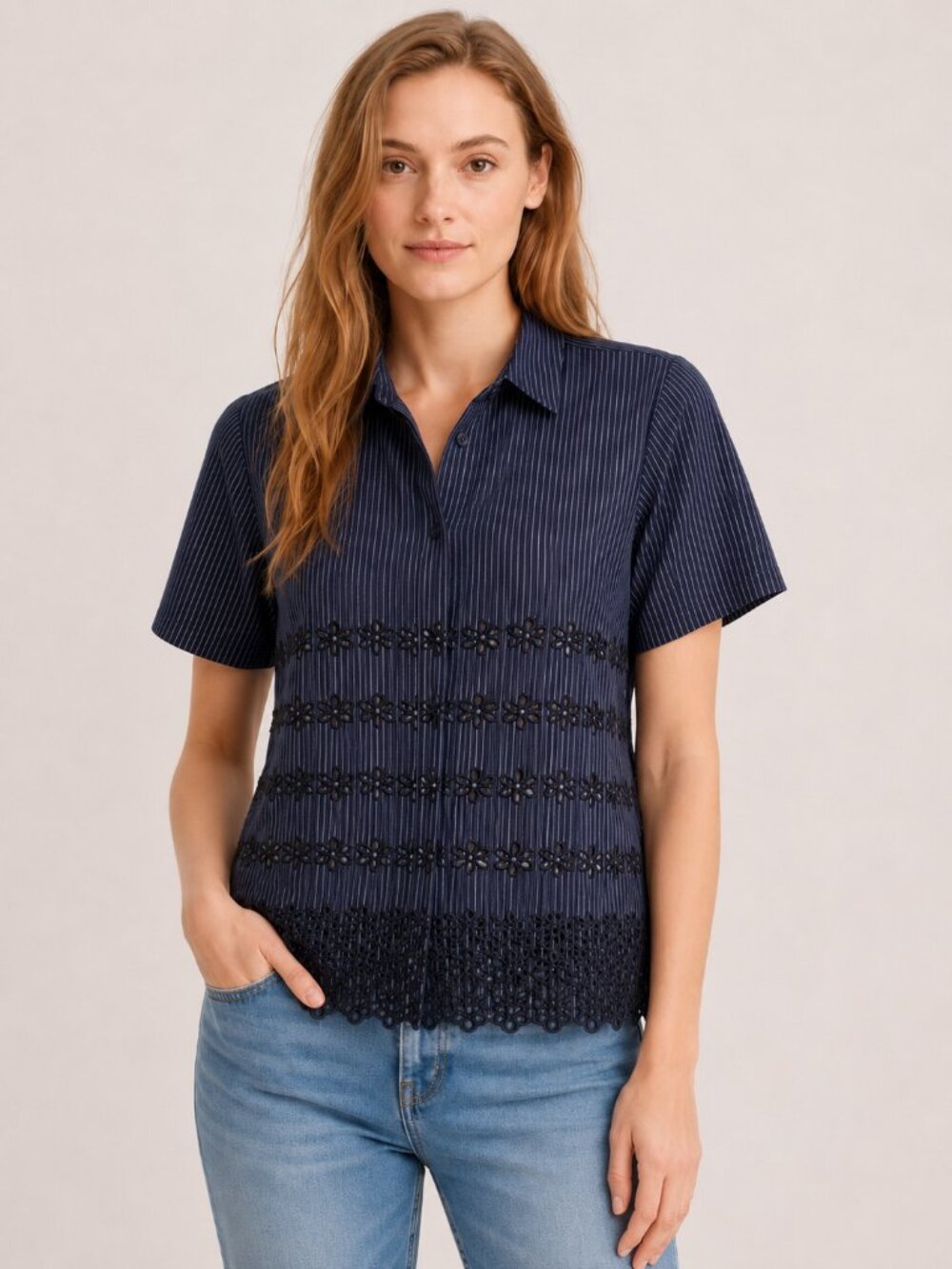 Madewell Navy White Pinstripe Eyelet Hem Cotton Button Down Blouse Womens XS Top